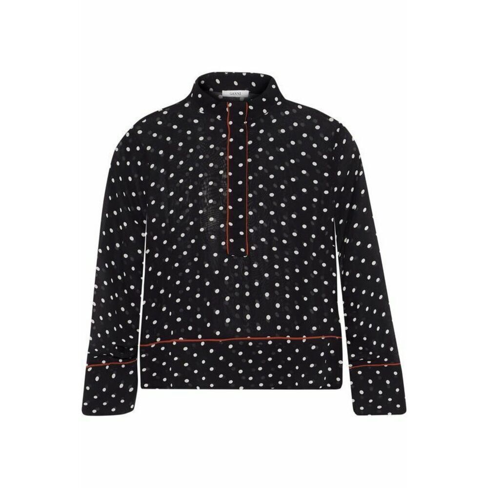 Ganni Women's Monette Georgette Shirt Contrast Top In Black Polka Dots Size 36